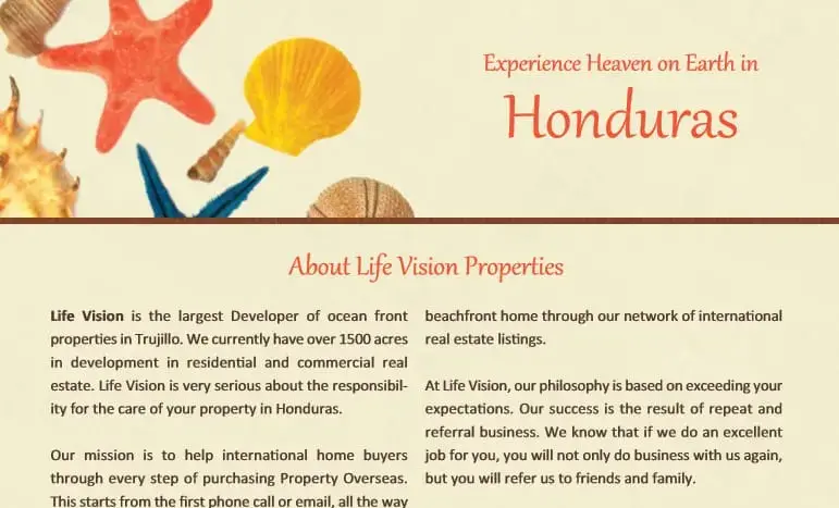 Folleto de Life Vision Properties sobre invertir en Honduras