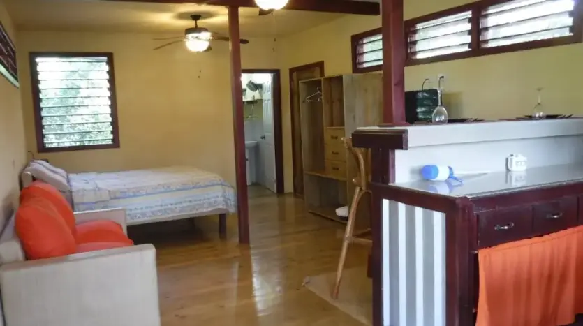 Espacio del estudio con sofá y cama en Hidden Pearl, West End, Roatán