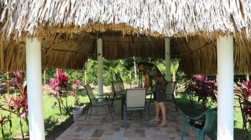Patio techado con palapa y mesa de comedor en la casa de Trujillo