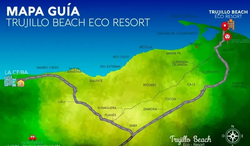 Mapa guía de Trujillo Beach Eco Resort y la carretera desde La Ceiba