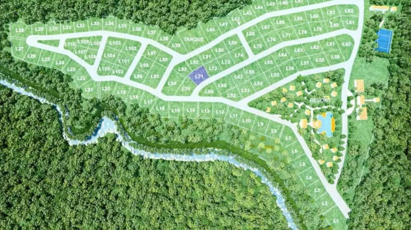 Aerial plan of Corinto Pearl with Lot 71 marked, La Ceiba