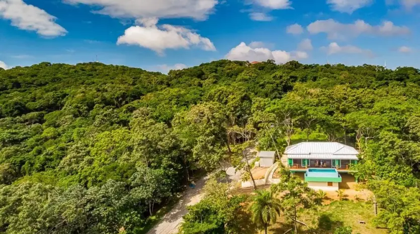 Aerial view of the ocean view home in Dixon Cove, Roatan