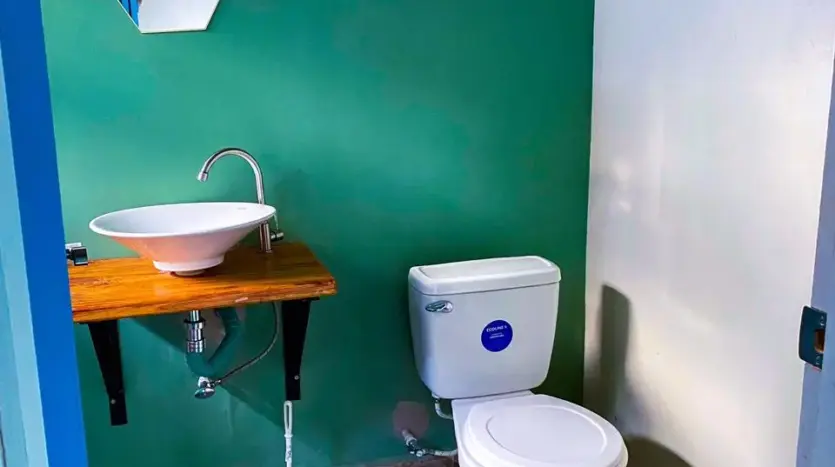 Medio baño con pared verde en la casa de Marcala