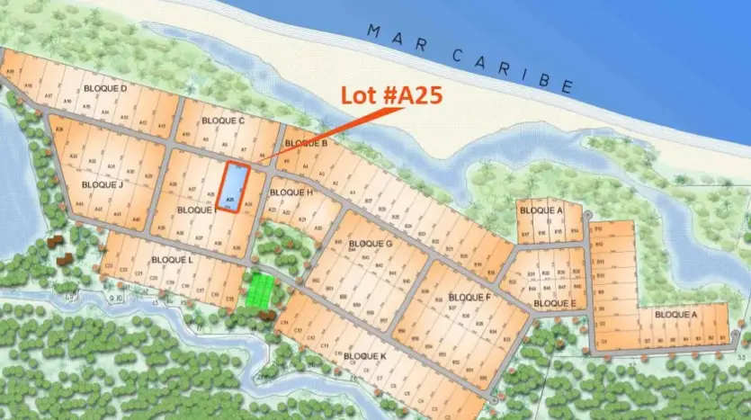 Plano de lotes de Trujillo Beach Eco Development con el lote A25 marcado