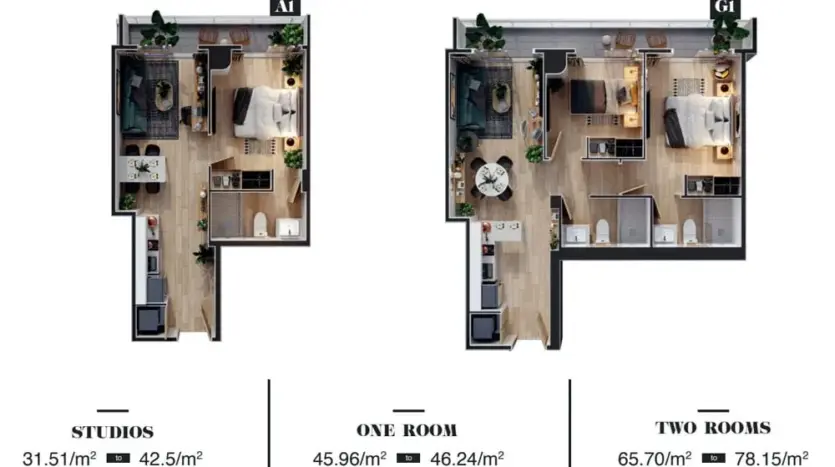 Floor plans of studios and apartments at Duna Residences, Roatan