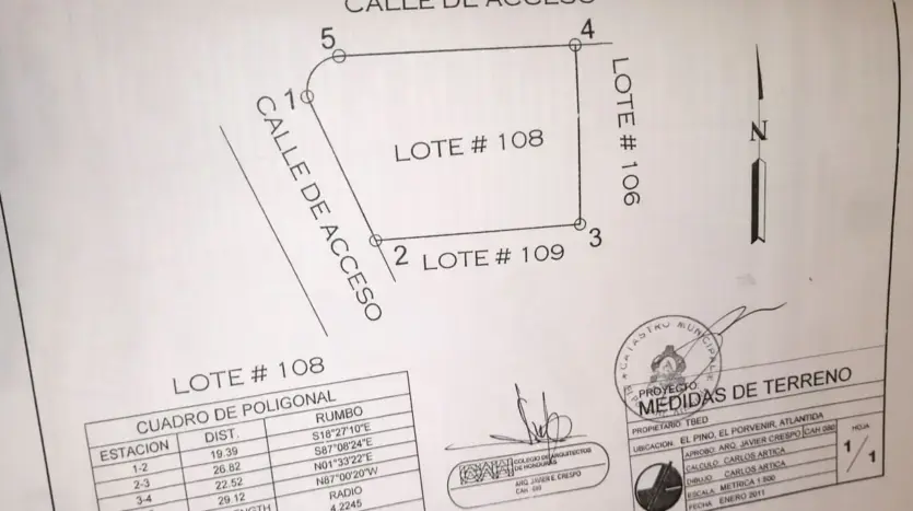 Survey plan of Lot 108 in Corinto Pearl Development, La Ceiba