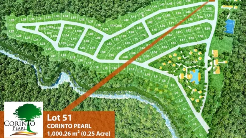 Plano aéreo de Corinto Pearl con el lote 51 marcado, La Ceiba