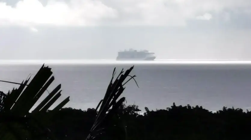 Ocean view with a cruise ship from Flamingo House, First Bight, Roatan