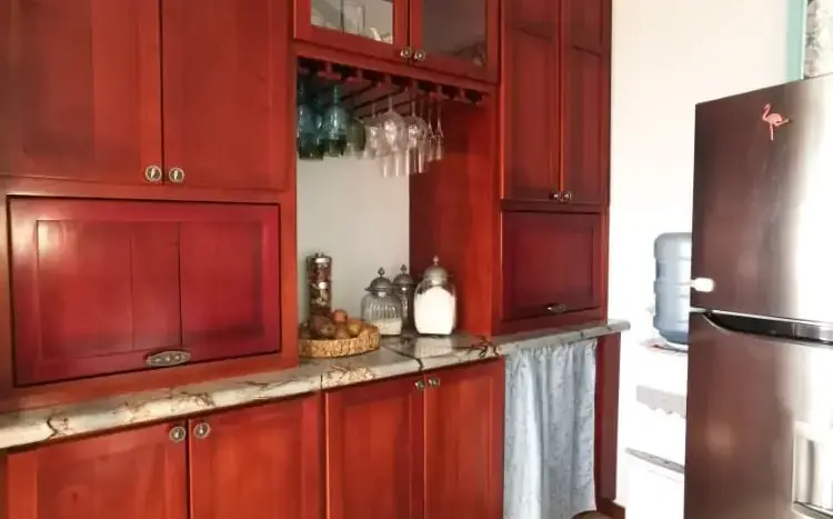 Wood cabinets and pantry in the kitchen at Flamingo House, Roatan