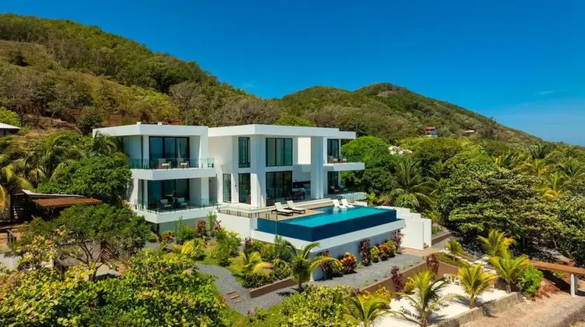 White modern villa and infinity pool among palms