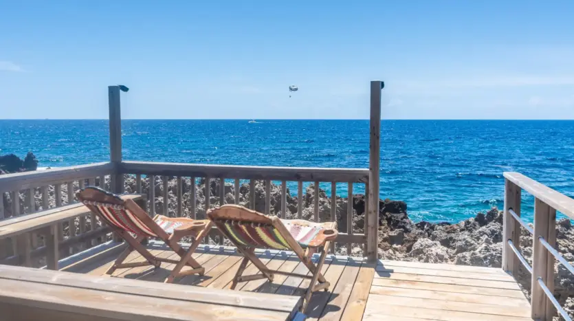 Private dock and sun deck on the south shore