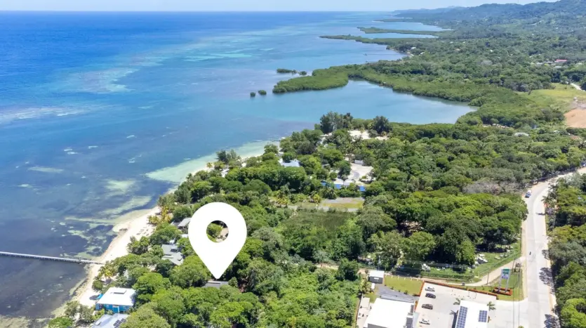 Aerial view with the location of the property in Sandy Bay, Roatan