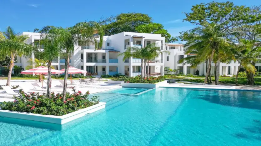 Watercolors condo buildings and resort pool, West Bay